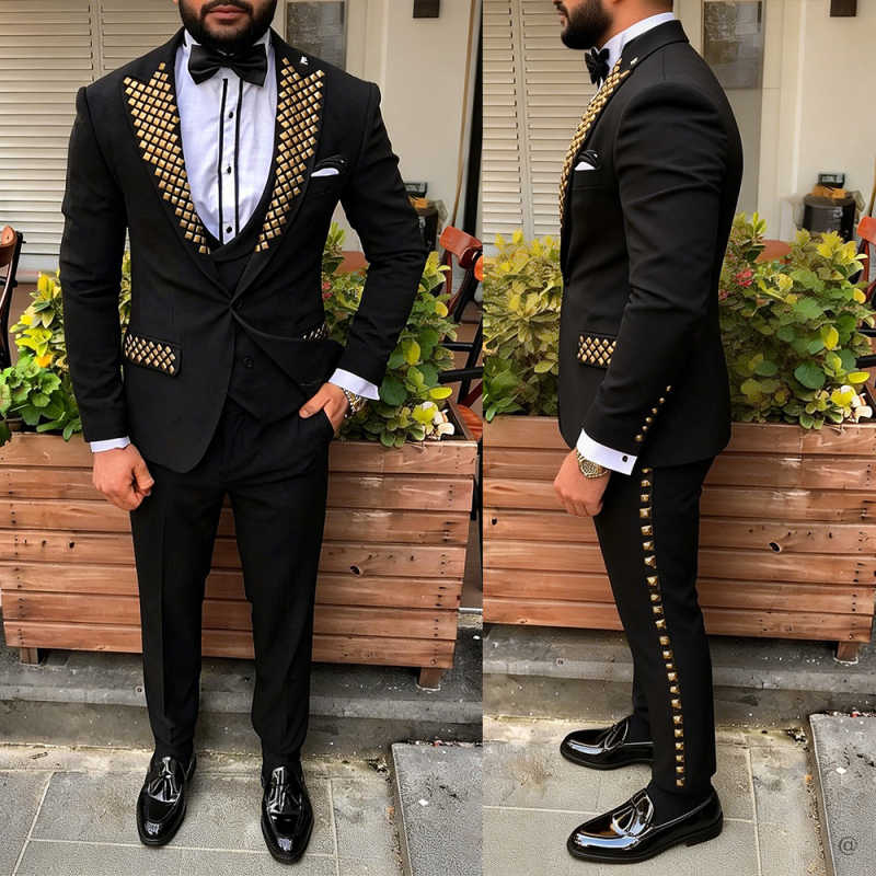 Men Formal Wear Modern - Tuksedo Pria Modern Berhias Manik-Manik Kerah
